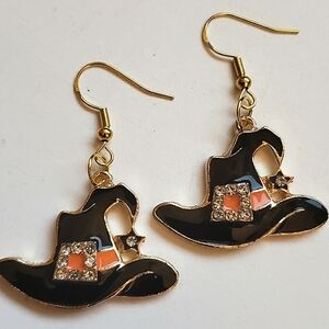 Handmade Orange Black Rhinestone Halloween Witch Hat Earrings